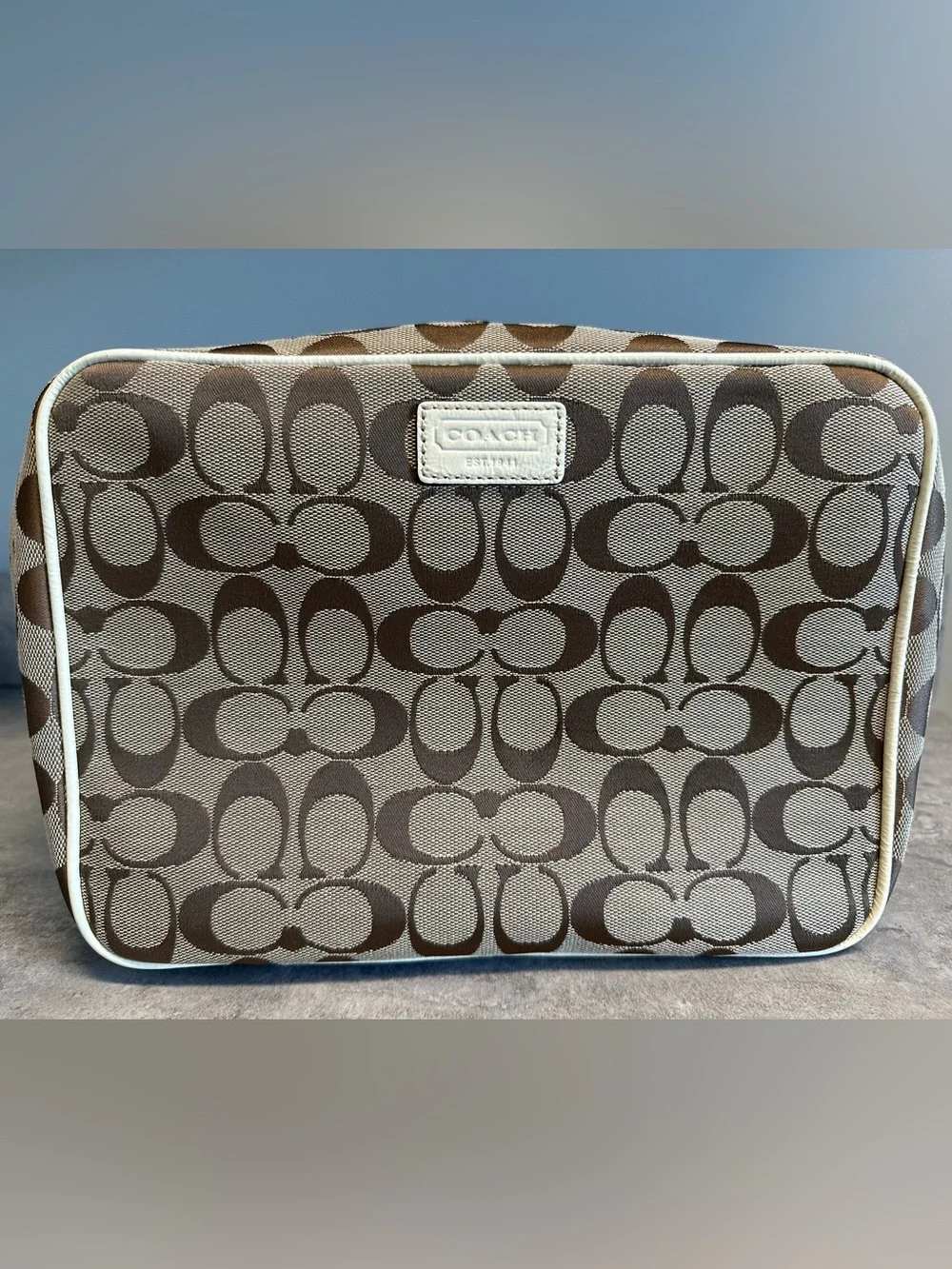 Coach Brown Signature Canvas Travel Make Up Cosmetic Case with Cream Trim